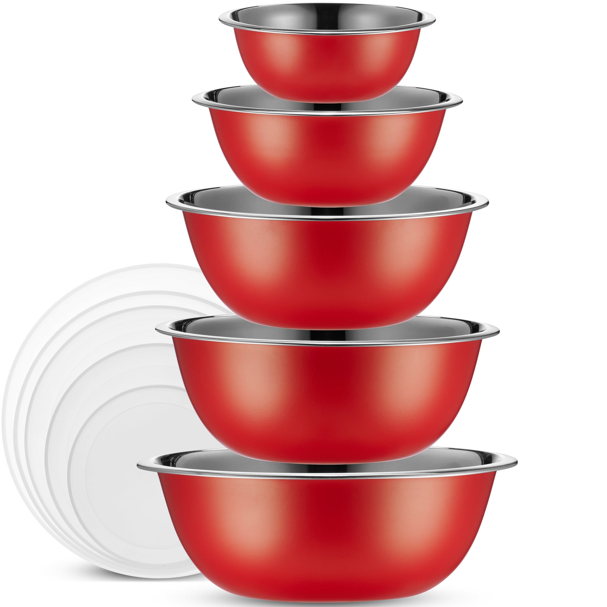 Whysko Stainless Steel Mixing Bowls with Lids Set, 5 Sizes Nesting Mixing Bowls for Your Kitchen Meal Prep, Cooking, Baking, and Food Storage (Red