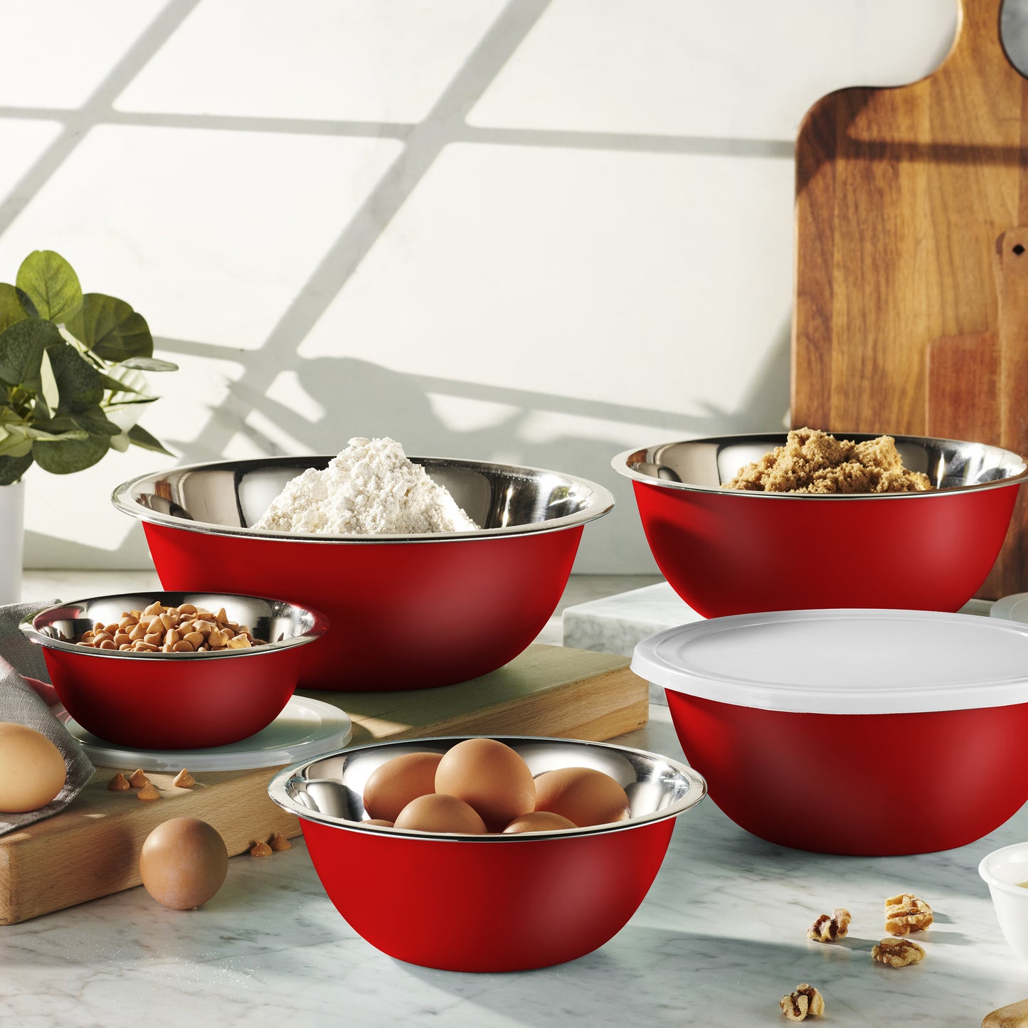 Whysko Stainless Steel Mixing Bowls with Lids Set, 5 Sizes Nesting Mixing Bowls for Your Kitchen Meal Prep, Cooking, Baking, and Food Storage (Red