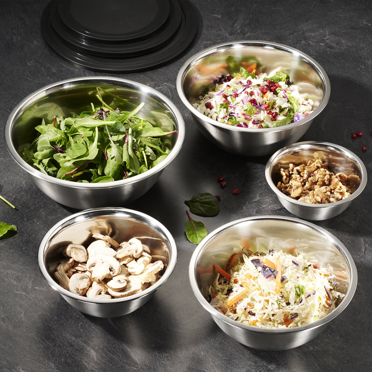 Heavy Duty Meal Prep Stainless Steel Mixing Bowls Set with Black Lids