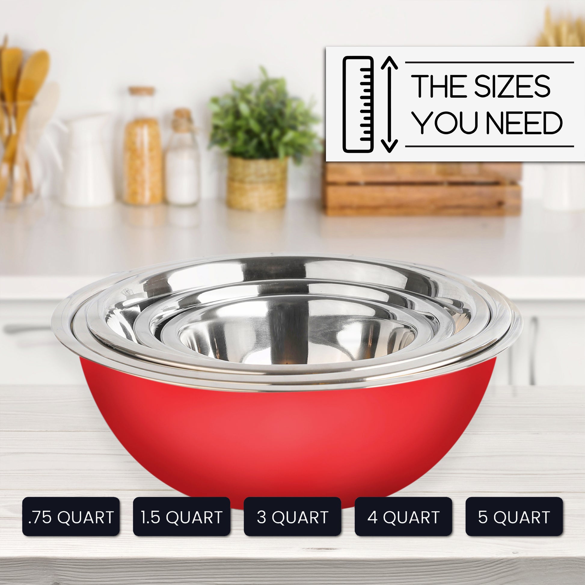 Whysko Set of 5 Meal Prep Stainless Steel Mixing Bowls, Red